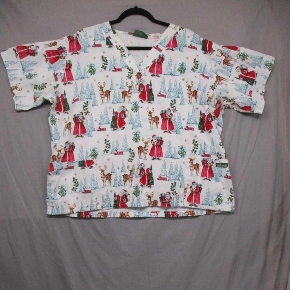 UA Scrubs Santa & Reindeer Scrub Top White Women Size | XL